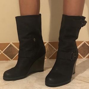 Black Wedge Leather Ankle Boots